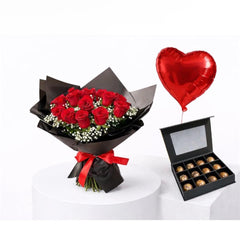 red bouquet with chocolate